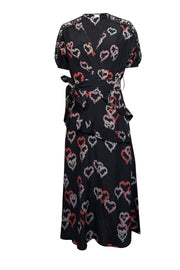 Current Boutique-Sandro - Black, Pink, & Red Heart Print Silk Dress w/ Lace Accents Sz 4