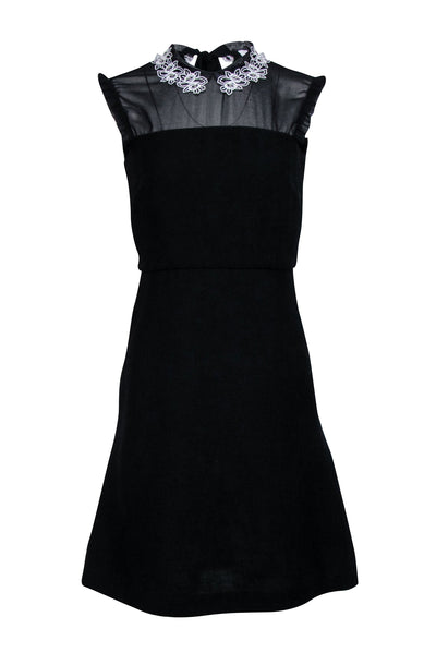 Current Boutique-Sandro - Black Ribbed Fit & Flare Dress w/ Embroidered Collar Sz 4