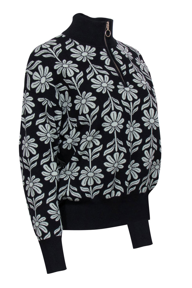 Current Boutique-Sandro - Black & Sage Floral Intarsia Knit Sweater Sz M