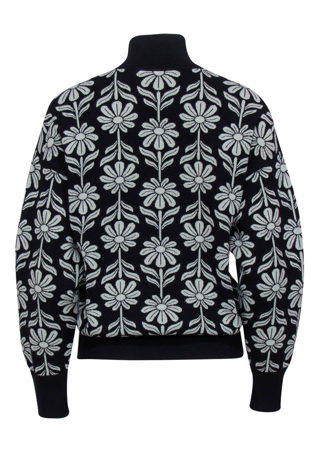Current Boutique-Sandro - Black & Sage Floral Intarsia Knit Sweater Sz M