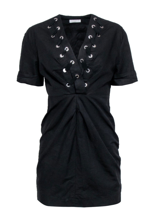 Current Boutique-Sandro - Black Short Sleeve Lace Up V-Neckline Dress Sz 4