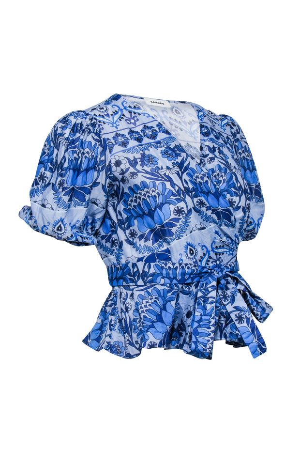 Current Boutique-Sandro - Blue Floral Print Short Sleeve Wrap Top Sz 8