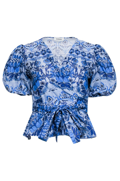 Current Boutique-Sandro - Blue Floral Print Short Sleeve Wrap Top Sz 8