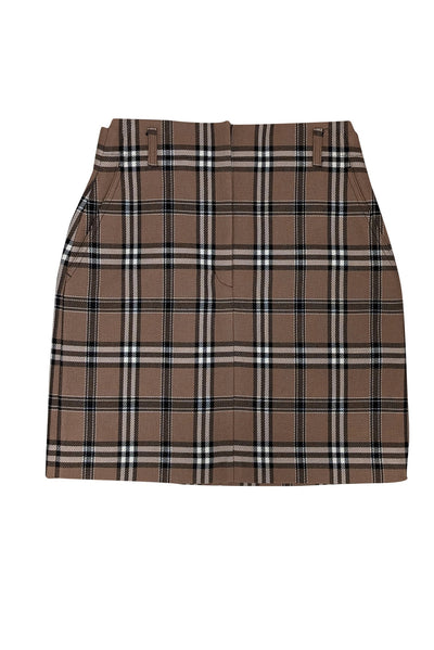 Current Boutique-Sandro - Camel Brown, Black, & White Plaid Tartan Skirt Sz 6