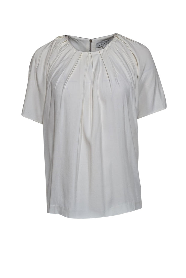 Current Boutique-Sandro - Ivory Short Sleeve w/ Pleated Details & Black Colorblock Top Sz L