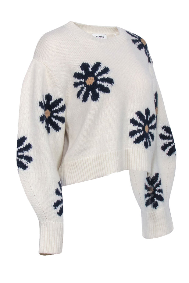Current Boutique-Sandro - Ivory w/ Navy Floral Pattern Wool Blend Sweater Sz L