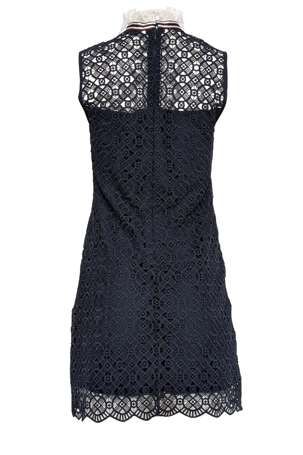 Current Boutique-Sandro - Navy Lace Fitted Dress w/ Ruffled Neckline Sz 4