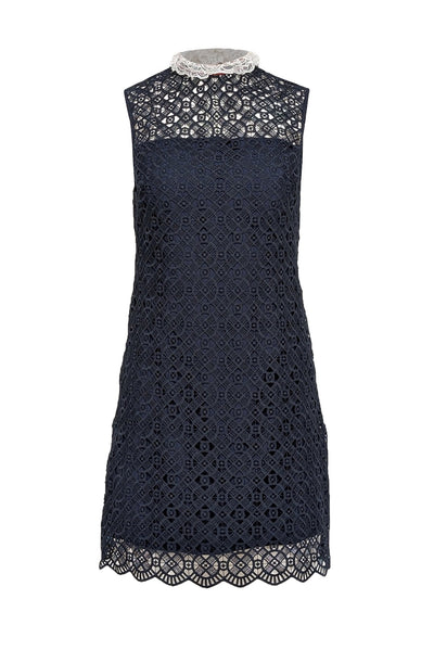 Current Boutique-Sandro - Navy Lace Fitted Dress w/ Ruffled Neckline Sz 4