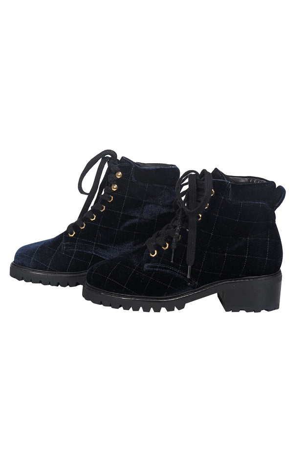 Current Boutique-Sandro - Navy Quilted Velvet Combat Short Boots Sz 9