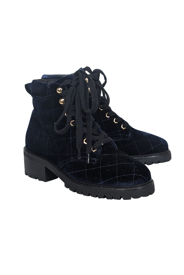 Current Boutique-Sandro - Navy Quilted Velvet Combat Short Boots Sz 9