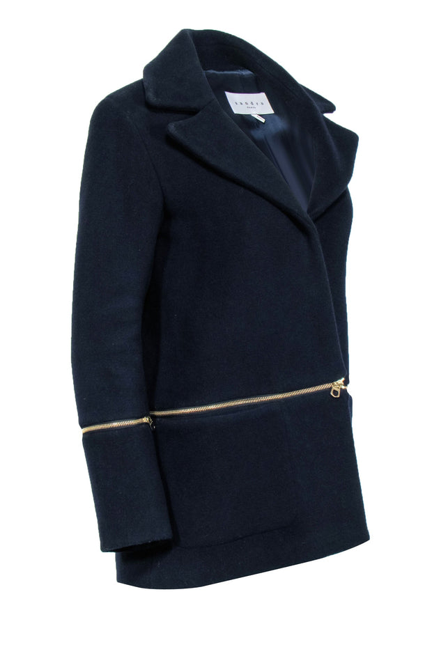 Current Boutique-Sandro - Navy Wool Blend Zipper Detail Coat Sz 6