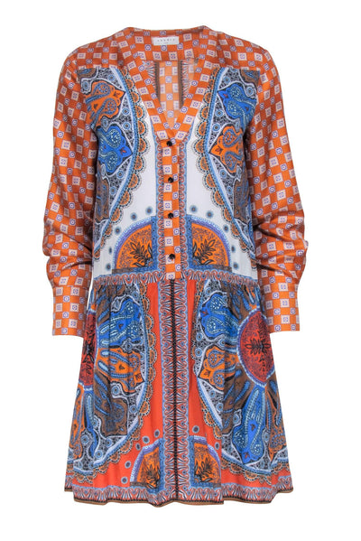 Current Boutique-Sandro - Orange & Blue Mosaic Print Long Sleeve Dress Sz 4