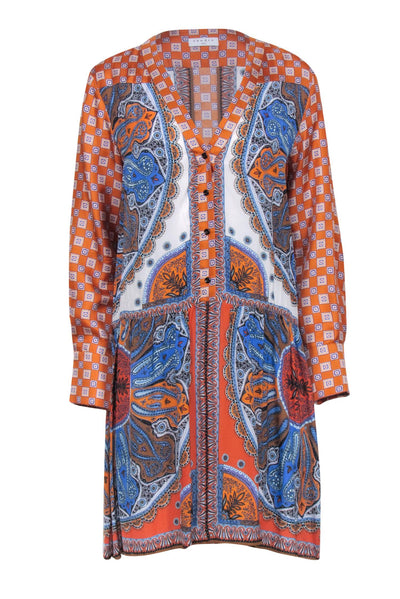 Current Boutique-Sandro - Orange & Blue Mosaic Print Long Sleeve Dress Sz 8