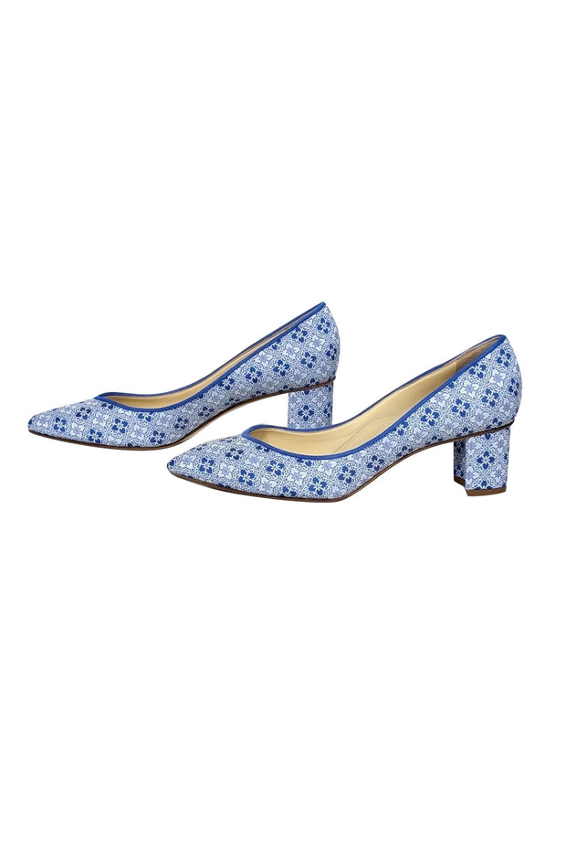 Current Boutique-Sarah Flint - Blue & White Print Pointed Toe Block Heel Pumps Sz 9