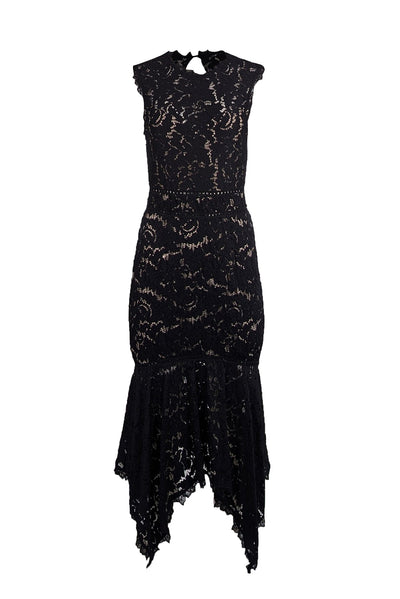 Current Boutique-Saylor - Black Lace Asymmetrical Hem Midi Dress Sz M