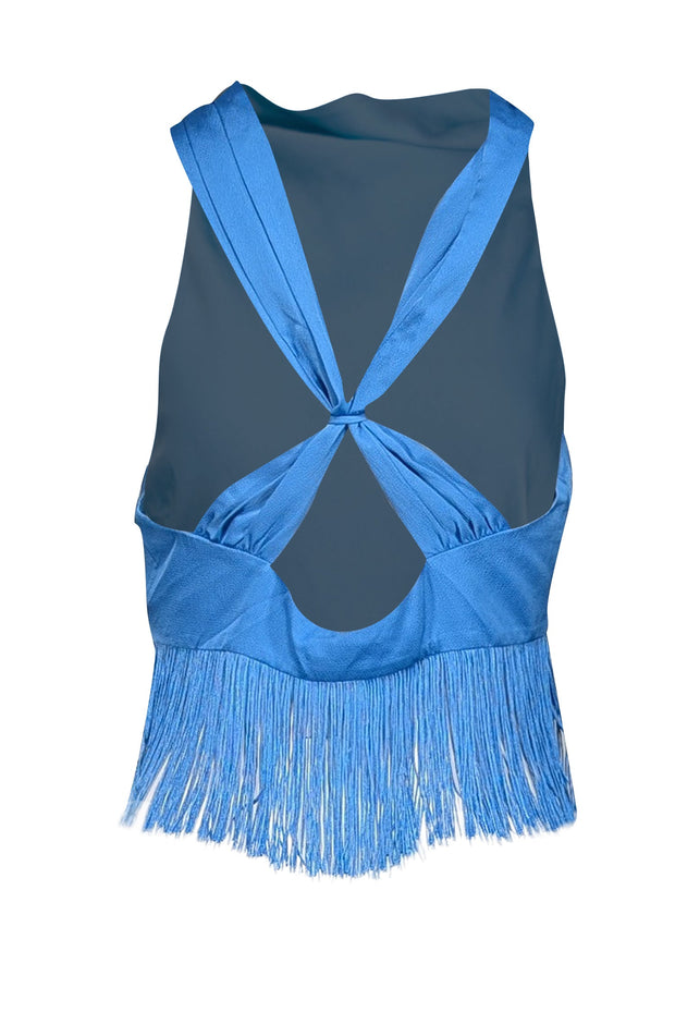 Current Boutique-Saylor - Blue Satin High Neck Sleeveless Top w/ Fringe Trim Sz M