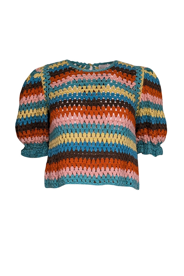 Current Boutique-Saylor - Turquoise & Multicolor Striped Crochet Puff Sleeve "Reba" Top Sz XS