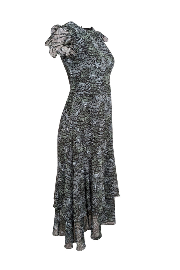 Current Boutique-Scotch & Soda - Dark Green, Teal, & Black Feather Print Sleeveless Midi Dress Sz 4