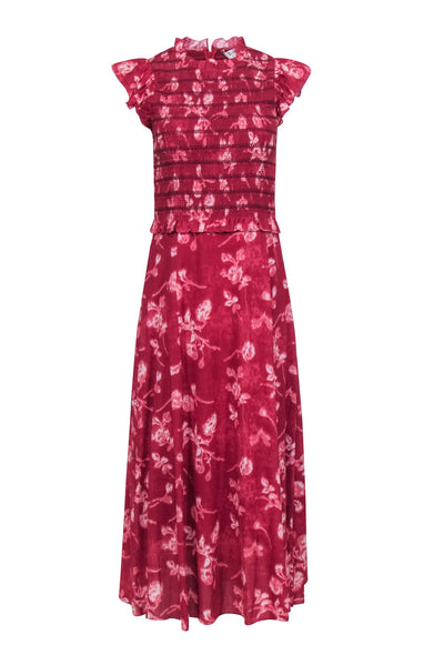 Current Boutique-Sea NY - Brick Red Floral Print " Monet Smocked Midi" Dress Sz 4