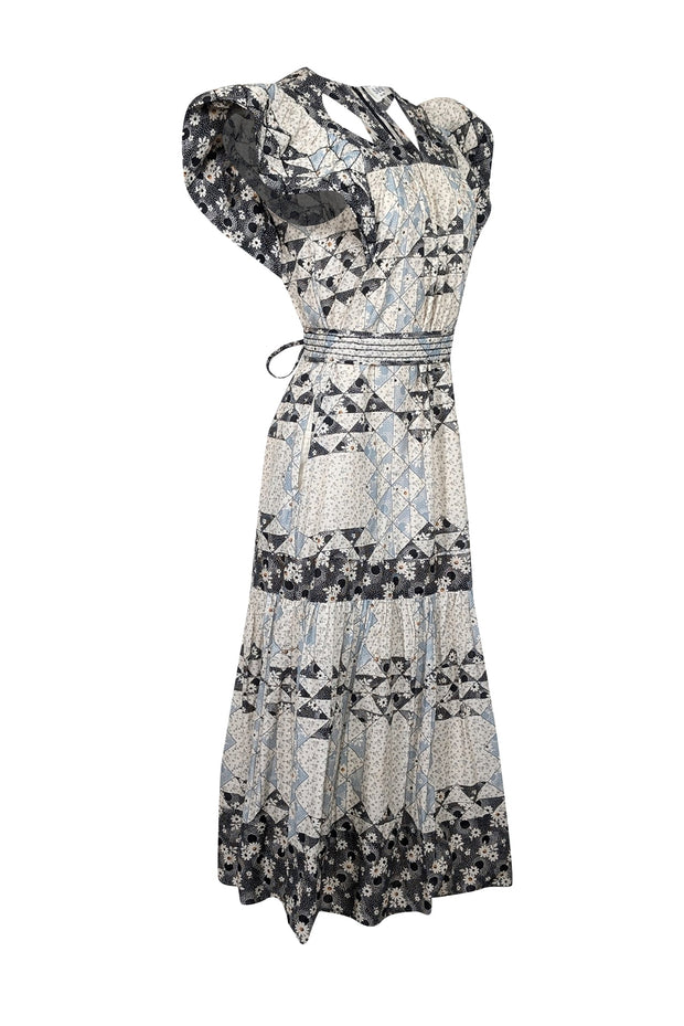 Current Boutique-Sea NY - Ivory, Black, & Blue Floral Patchwork Midi Dress Sz XS