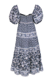 Current Boutique-Sea NY - Navy & White Print Maxi Puff Sleeve Dress Sz M