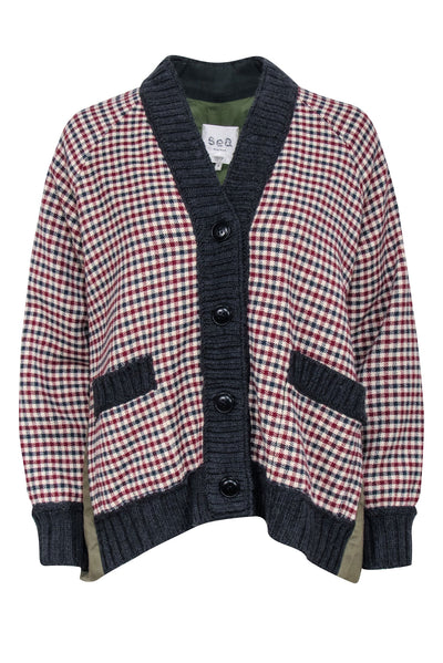 Current Boutique-Sea NY - "Petra" Beige & Red Plaid Cardigan w/ Olive Backing Sz S