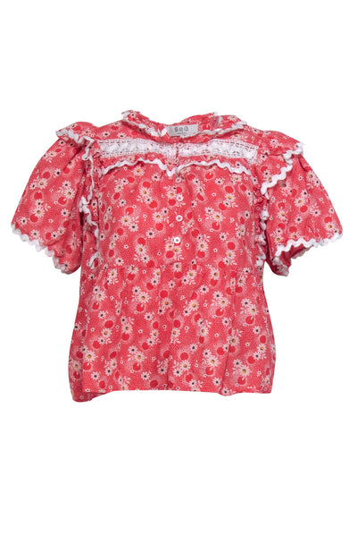 Current Boutique-Sea NY - Red & Ivory Floral Ruffle Top Sz S