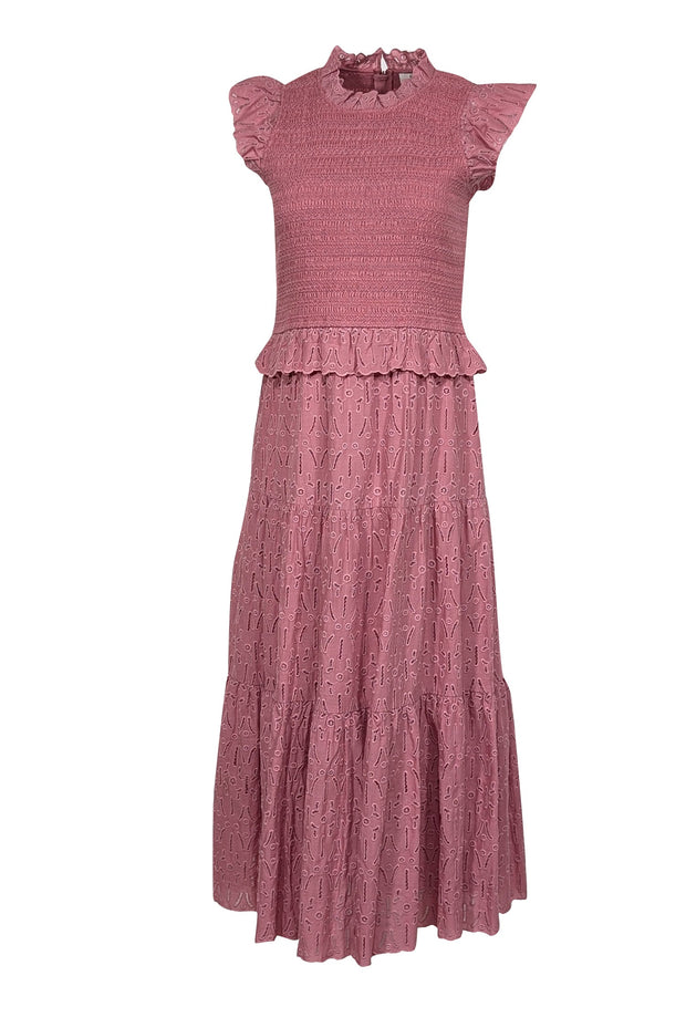 Current Boutique-Sea NY - Rose Pink Smocked Bodice Eyelet Lace Midi Dress Sz 6