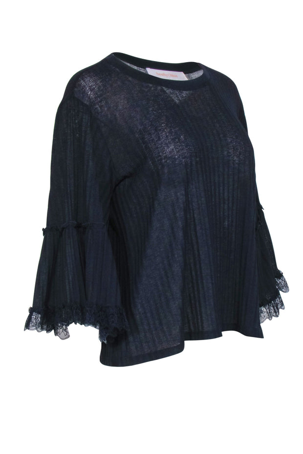 Current Boutique-See By Chloe - Navy Line Textured Lace Trimmed Long Sleeve Shirt Sz M