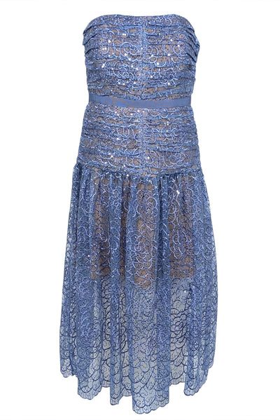 Current Boutique-Self-Portrait - Blue Embroidered Sequin Strapless Midi Dress Sz 6