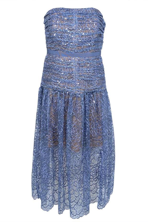 Current Boutique-Self-Portrait - Blue Embroidered Sequin Strapless Midi Dress Sz 6