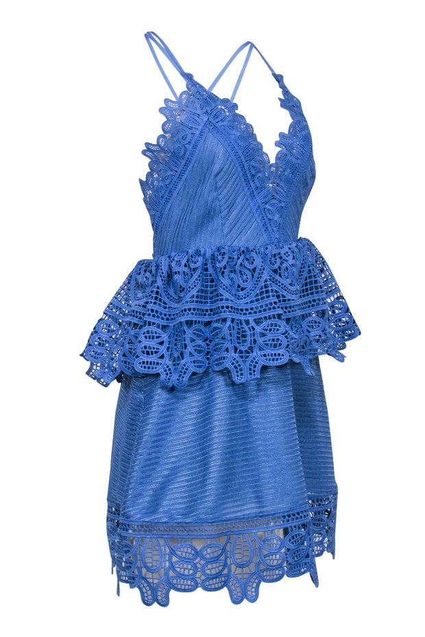 Current Boutique-Self-Portrait - Blue Sleeveless Eyelet Peplum Dress Sz M