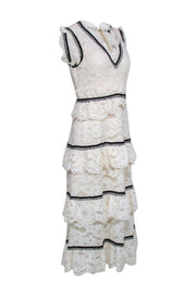 Current Boutique-Self-Portrait - Ivory Tiered Lace Midi Dress w/ Black Trim Sz 6