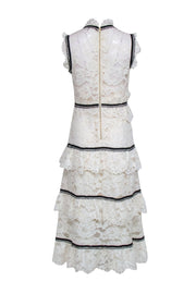 Current Boutique-Self-Portrait - Ivory Tiered Lace Midi Dress w/ Black Trim Sz 6