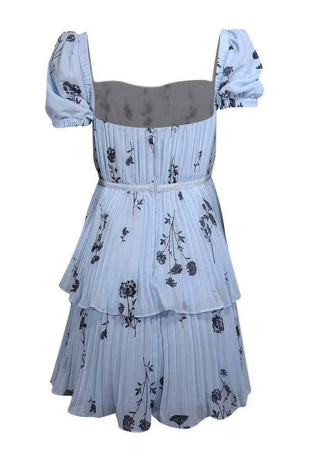 Current Boutique-Self-Portrait - Light Blue Floral Print Pleated Chiffon Mini Dress Sz 2