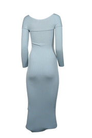 Current Boutique-Self-Portrait - Light Blue Ribbed Knit Cross Front Off-the-Shoulder Dress Sz M