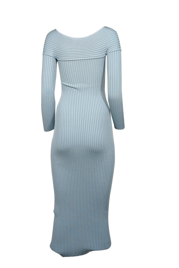 Current Boutique-Self-Portrait - Light Blue Ribbed Knit Cross Front Off-the-Shoulder Dress Sz M