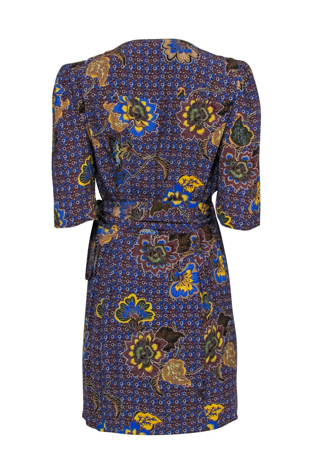 Current Boutique-Sezane - Maroon & Blue Floral Paisley Print Short Sleeve Wrap Dress Sz 10