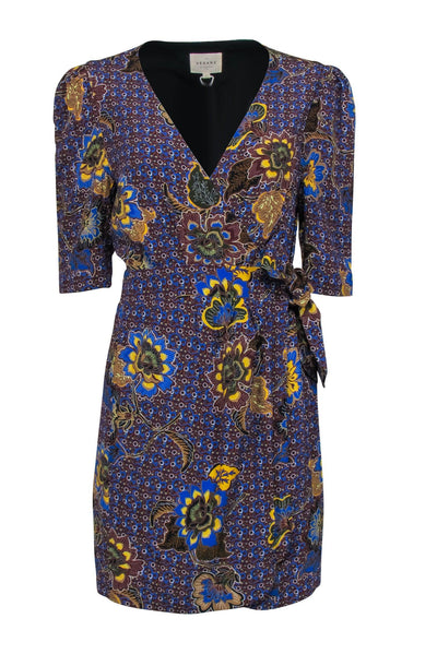 Current Boutique-Sezane - Maroon & Blue Floral Paisley Print Short Sleeve Wrap Dress Sz 10