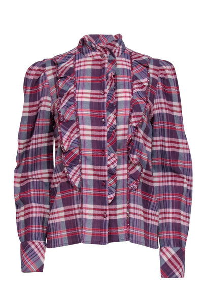 Current Boutique-Sezane - Purple, Red & Pink Plaid Ruffled Front Blouse Sz 4