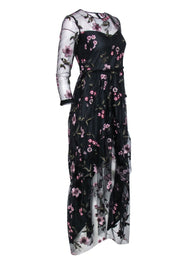 Current Boutique-Shoshanna - Black Mesh Formal Dress w/ Pink Floral Embroidery Sz 2