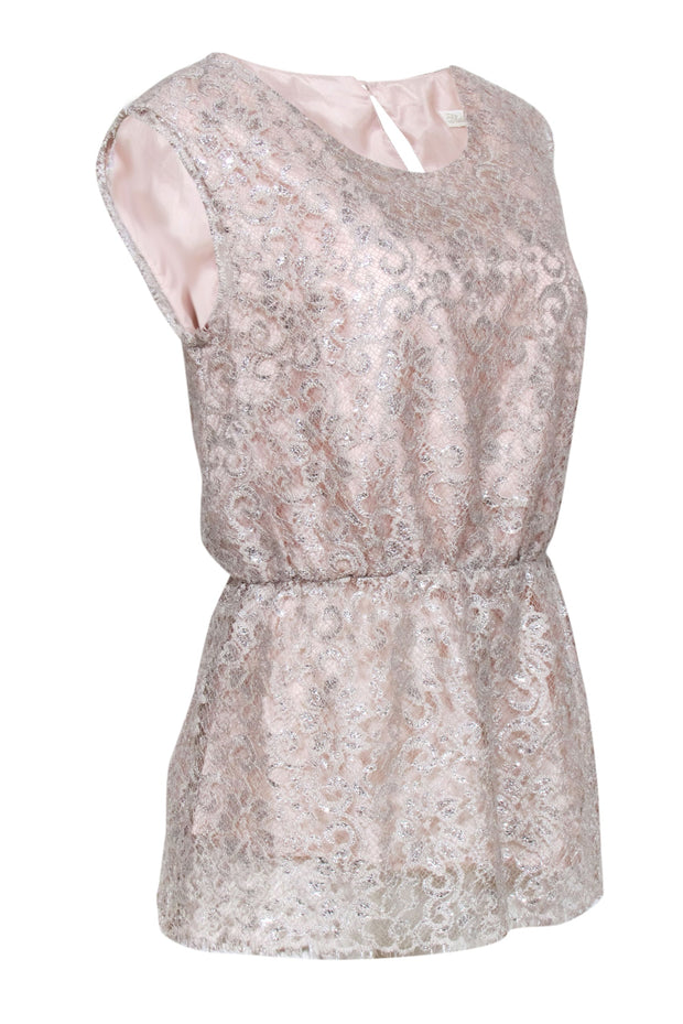 Current Boutique-Shoshanna - Blush Pink w/ Silver Lace Overlay Sleeveless Top Sz 8