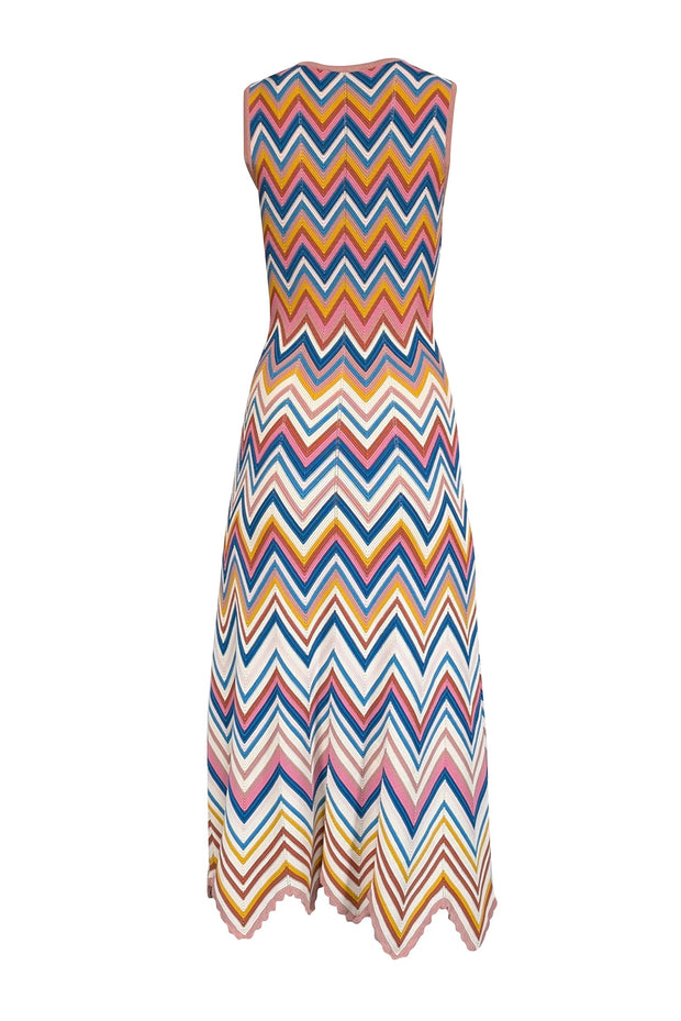 Current Boutique-Shoshanna - Cream, Blue & Pink Chevron Knit Sleeveless Dress Sz S