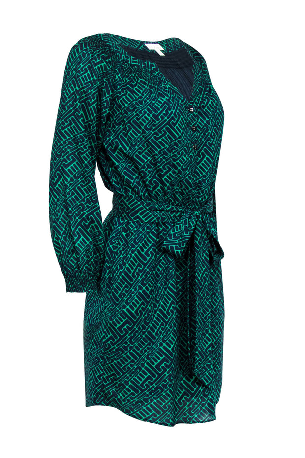Current Boutique-Shoshanna - Green & Navy Geometric Print Long Sleeve Dress Sz 0