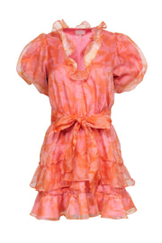 Current Boutique-Show Me Your Mumu - Orange & Pink Watercolor Print Ruffle Dress Sz S