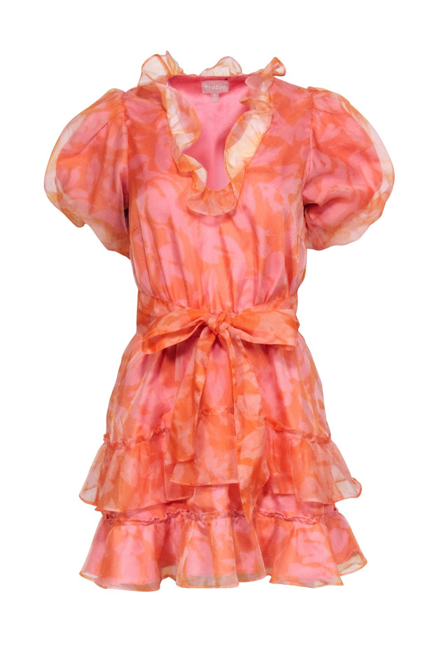 Current Boutique-Show Me Your Mumu - Orange & Pink Watercolor Print Ruffle Dress Sz S