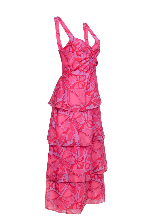 Current Boutique-Show Me Your Mumu - Pink & Lavender Print Tiered Mid Maxi Dress Sz L