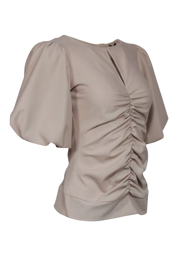 Current Boutique-Smythe - Beige Ribbed Knit Puff Sleeve Ruched Middle Top Sz M