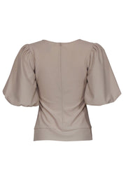 Current Boutique-Smythe - Beige Ribbed Knit Puff Sleeve Ruched Middle Top Sz M