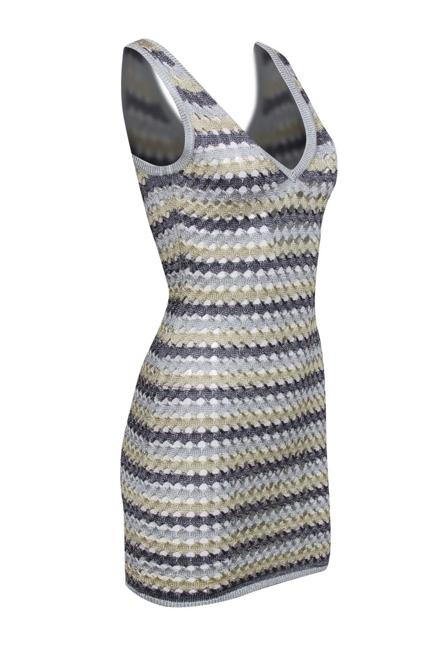 Current Boutique-Solid & Striped - Grey, Silver, & Gold Crochet Knit Sleeveless Dress Sz S